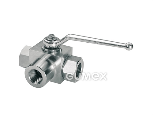 Kulový ventil pro hydrauliku třícestný vrtaný do L, vnitřní závit BSP 1/4", 500bar, -20°C/+100°C, ocel